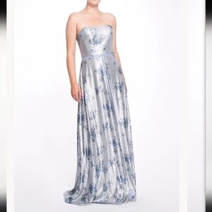 Marchesa Silver and Blue Strapless Floral-Print Wedding Gown